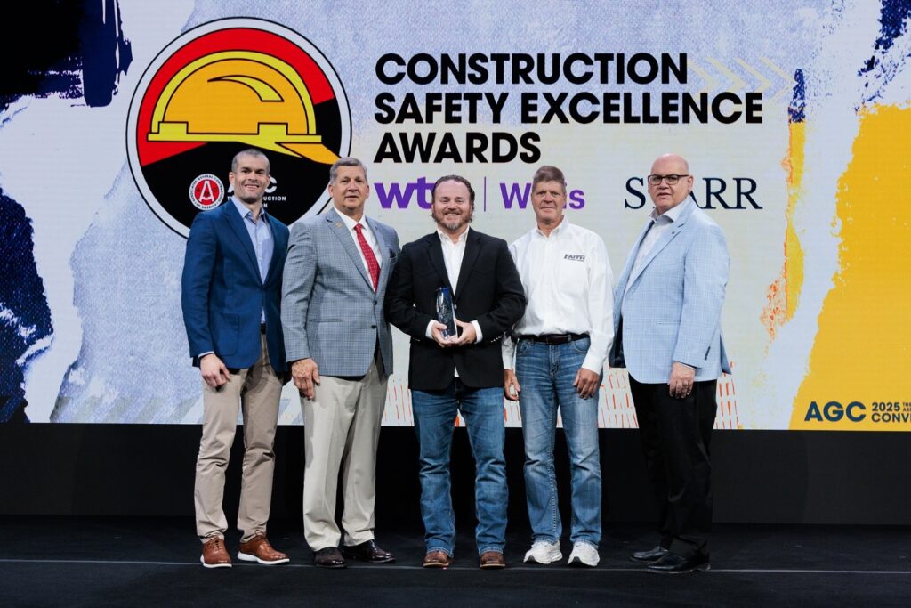 FTI team members accepting the 2025 CSEA from AGC of America for first place in the Over Five Million Work Hours category for specialty contractors at the 2025 AGC Annual Convention on April 10, 2025. Pictured from left to right: Matt Curtis, Vice President – Profit Center Manager – Primary Construction, Starr Companies; Rick Andritsch, Vice President, AGC of America; Rocky Rowlett, Vice President of Safety, FTI; Mike Jansen, CEO, FTI; Joseph Russo, Project Risk Resources Leader, WTW North American Construction.